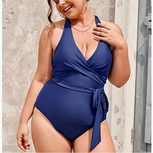 Halter V Neck 1 Piece Bathing Suit Twist Front Ruched Tie Side Navy Size 1X